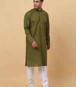 Men Cotton Green Chikan Embroidered Kurta