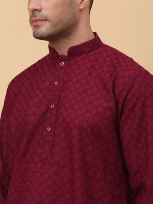 Men Cotton Maroon Chikan Embroidered Kurta 2