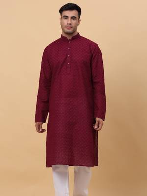 Men Cotton Maroon Chikan Embroidered Kurta 1