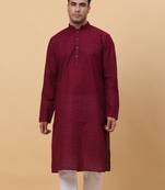 Men Cotton Maroon Chikan Embroidered Kurta