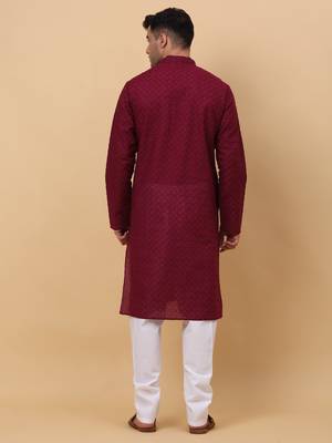Men Cotton Maroon Chikan Embroidered Kurta 3