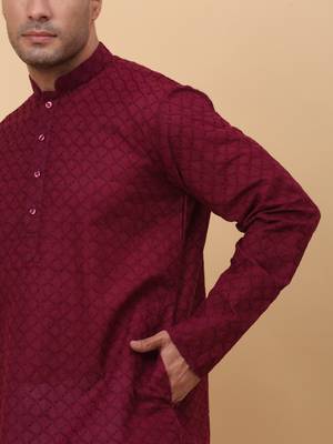 Men Cotton Maroon Chikan Embroidered Kurta 4