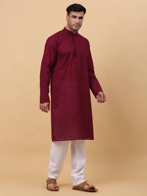 Men Cotton Maroon Chikan Embroidered Kurta 5