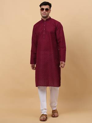 Men Cotton Maroon Chikan Embroidered Kurta 6