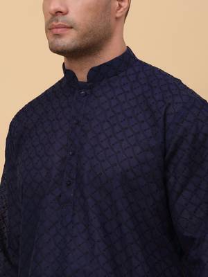 Men Cotton Navy Blue Chikan Embroidered Kurta 2