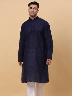 Men Cotton Navy Blue Chikan Embroidered Kurta 1