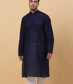 Men Cotton Navy Blue Chikan Embroidered Kurta