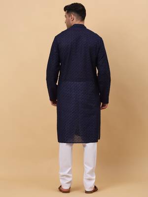 Men Cotton Navy Blue Chikan Embroidered Kurta 3