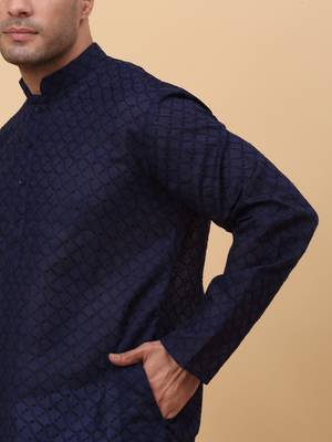 Men Cotton Navy Blue Chikan Embroidered Kurta 4