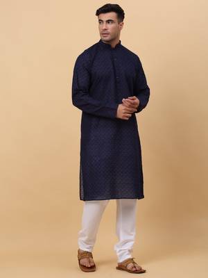 Men Cotton Navy Blue Chikan Embroidered Kurta 5