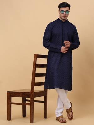 Men Cotton Navy Blue Chikan Embroidered Kurta 6