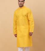 Men Cotton Yellow Chikan Embroidered Kurta