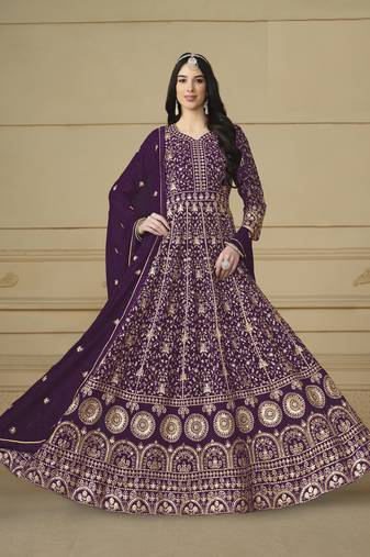 WINE GEORGETTE EMBROIDERED ANARKALI SALWAR KAMEEZ