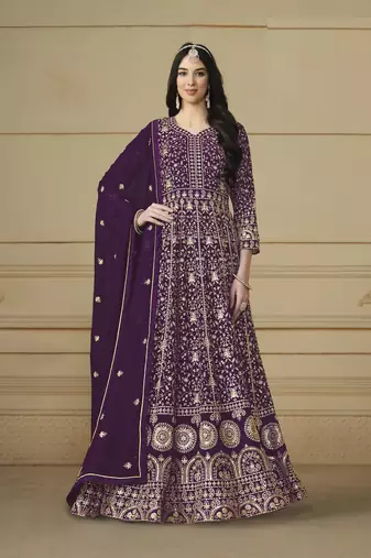 WINE GEORGETTE EMBROIDERED ANARKALI SALWAR KAMEEZ