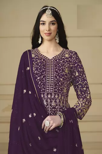 WINE GEORGETTE EMBROIDERED ANARKALI SALWAR KAMEEZ