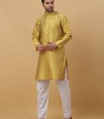 Yellow jacquard printed kurta for men