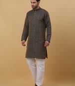Grey jacquard printed kurta for men