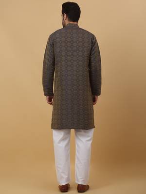 Grey jacquard printed kurta for men 3