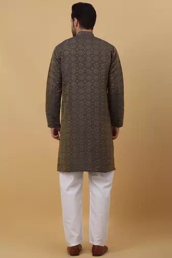 Grey jacquard printed kurta for men