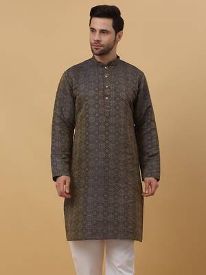 Grey jacquard printed kurta for men 4
