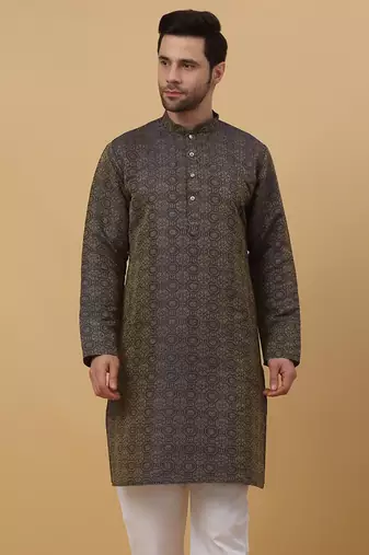 Grey jacquard printed kurta for men