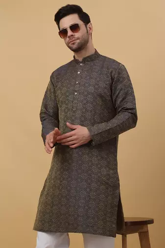 Grey jacquard printed kurta for men