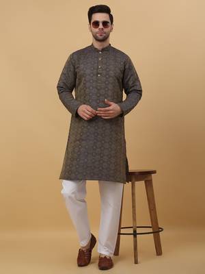 Grey jacquard printed kurta for men 6