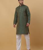 Green Jacquard Printed Kurta For Men