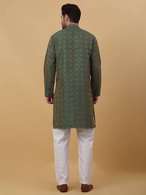 Green Jacquard Printed Kurta For Men 3