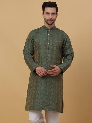 Green Jacquard Printed Kurta For Men 4