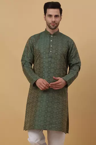 Green Jacquard Printed Kurta For Men