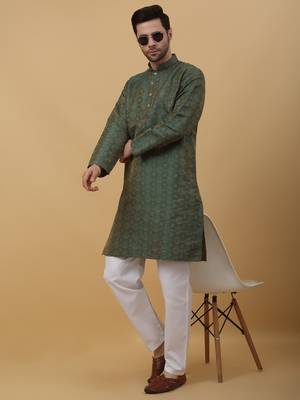 Green Jacquard Printed Kurta For Men 5