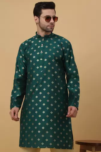 Dark Green jacquard printed kurta for men
