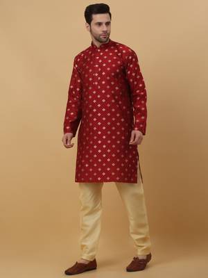 Red jacquard printed kurta for men 1