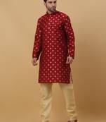 Red jacquard printed kurta for men