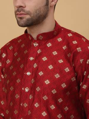 Red jacquard printed kurta for men 2