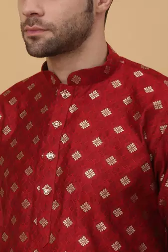 Red jacquard printed kurta for men
