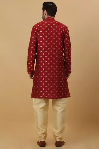 Red jacquard printed kurta for men