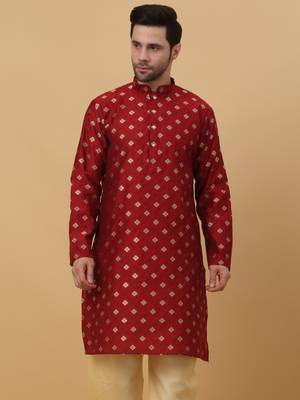 Red jacquard printed kurta for men 4