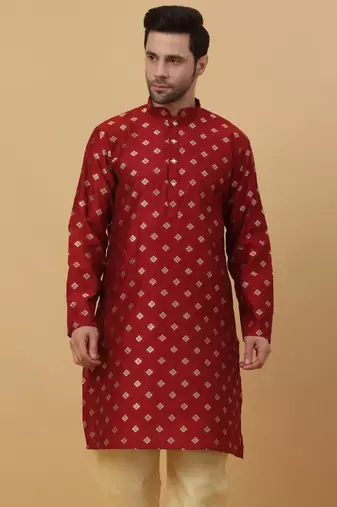 Red jacquard printed kurta for men