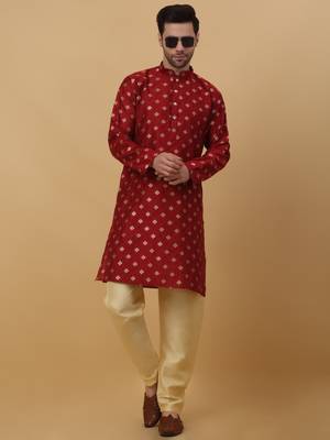 Red jacquard printed kurta for men 5