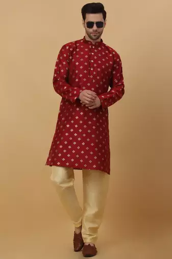 Red jacquard printed kurta for men