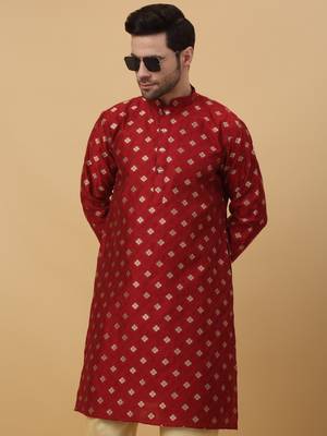 Red jacquard printed kurta for men 6