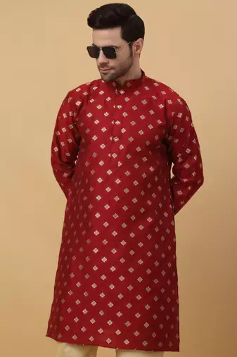 Red jacquard printed kurta for men