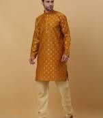 Yellow jacquard printed kurta for men