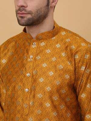 Yellow jacquard printed kurta for men 2