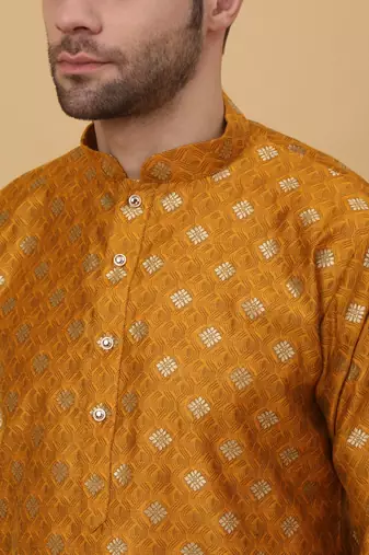 Yellow jacquard printed kurta for men