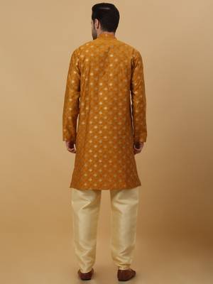 Yellow jacquard printed kurta for men 3