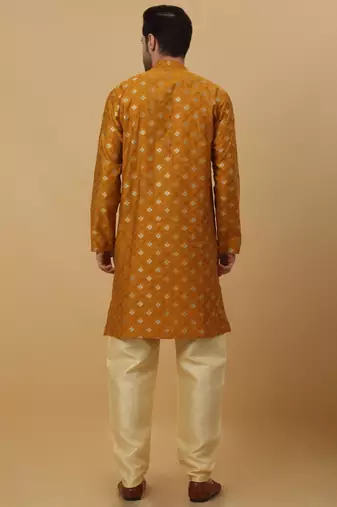 Yellow jacquard printed kurta for men