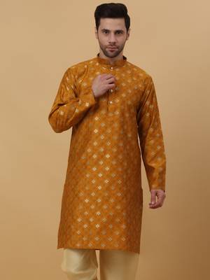Yellow jacquard printed kurta for men 4